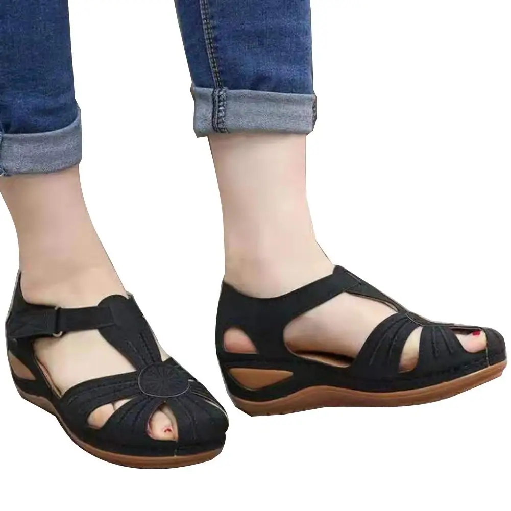 Women Summer Retro Hook Loop Closure Hollow Beach Wedge Sandals Casual Shoes