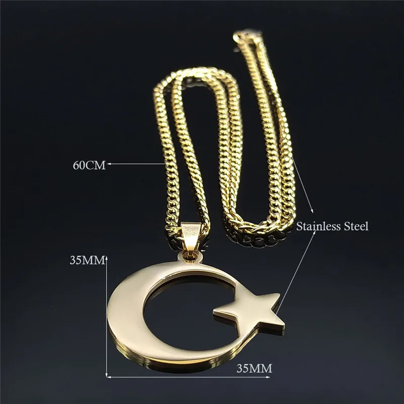 Muslimische Islamische Halbmond-Stern-Halskette aus Edelstahl für Frauen, Goldfarben Anhänger-Halskette, Amulett-Schmuck Geschenk – Detail 3