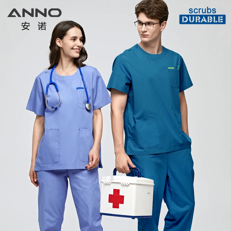 ANNO Blue Nurse Uniform Women Men Scrubs Suit Round Neck Dental Hospital Set Work Wear Short Sleeves Beauty Salon Clothing