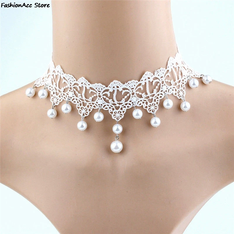 Elegant Vintage Imitation Pearl White Lace Statement Choker Necklaces Bridal Jewelry For Women Wedding