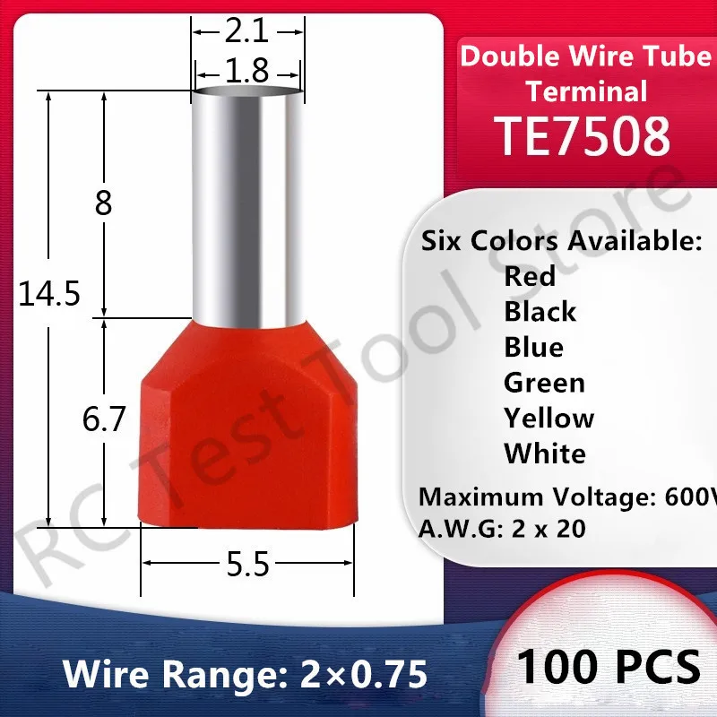 100PCS TE7508 Double Pipe 0.5~6.0² Cold Pressed End Double Wire Tube Shaped Insulated Tubular Terminal