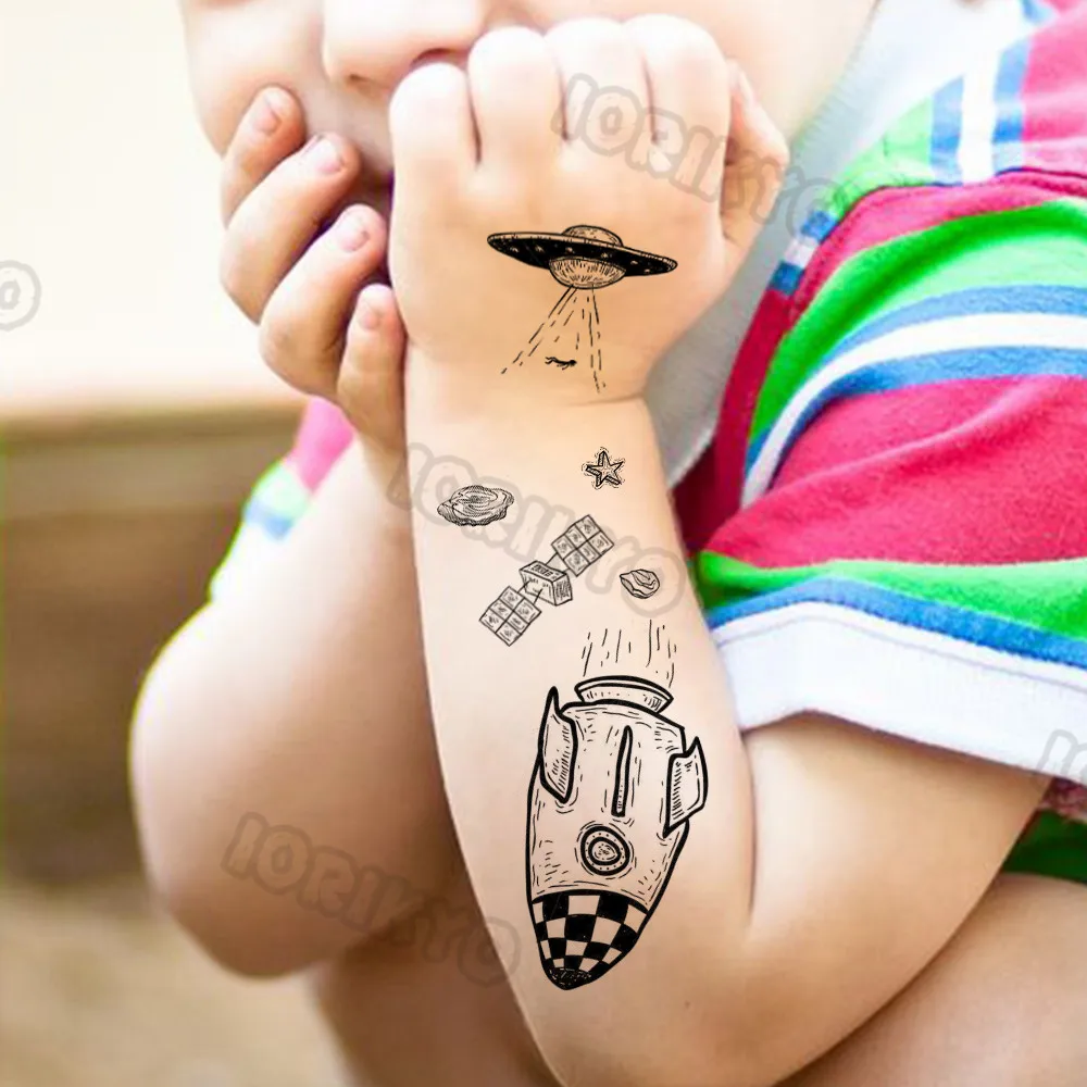 DIY Out Space Temporary Tattoo For Kids Boys Girls Men Women Black Rocket Tattoos Sticker Fake Lovely Universe Tatoos Face Neck