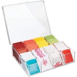 Stackable Tea Bag Organizer, Storage Bin with Lid, 8 Compartment, Clear Acrylic Container, Kitchen Supply Rangement