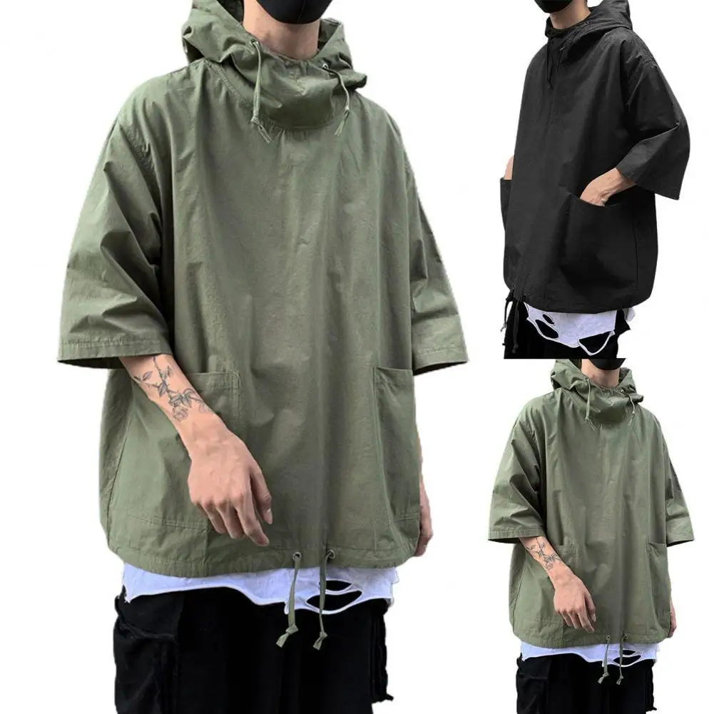 Fashion Loose Men T-shirt Hooded Half Sleeve Solid Color Soft Large Pockets Men Hooded Drawstring Summer Pullover Top Streetwear