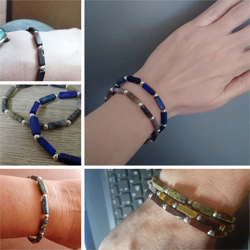 Fashion Square Tube Stone Beads Bracelet Natural lapis lazuli Beaded Silver Color Round Ball Charm Bracelet Jewelry Women Men