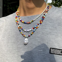 Boho Asymmetry Colorful Beads With White Imitation Pearl Choker Necklaces for Men Summer Rainbow Letter Necklace Fashion Jewelry