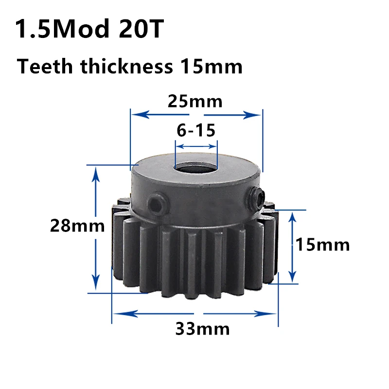 24pcs 1.5M 20T blackening Spur Gear pinion teeth width 15mm 1.5mod gear rack 20teeth bore 6-20mm