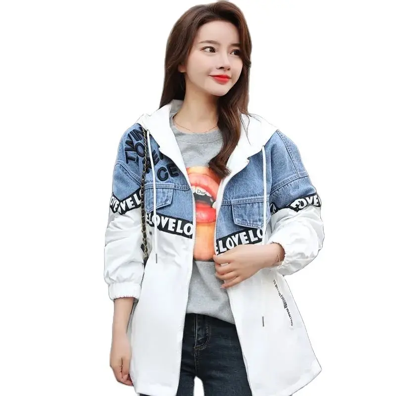 Spring Autumn New Ladies denim jacket Casual Hooded All-match Women\'s Coat Loose Cowboy Letter Printing Patchwork Ms Outerwear