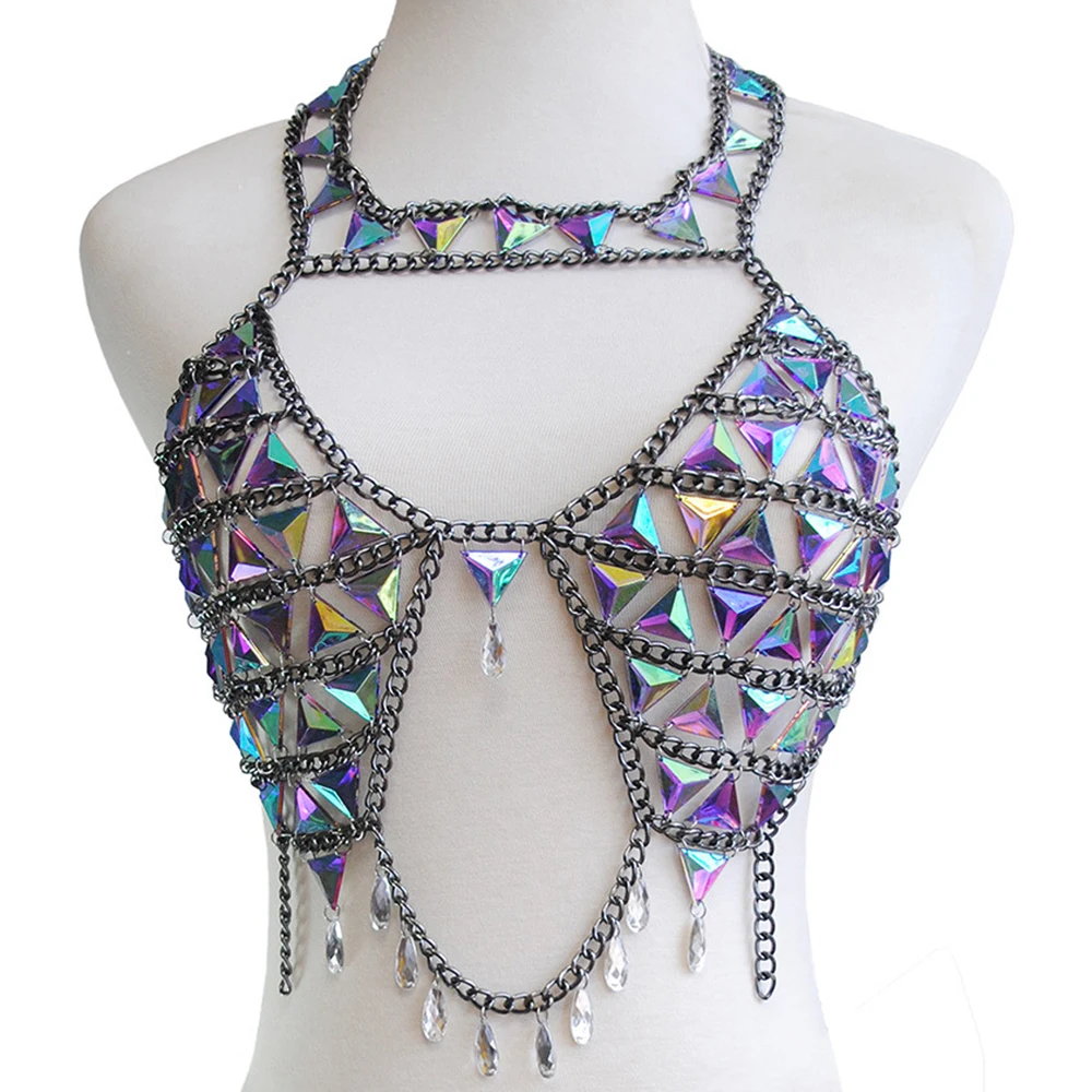 Crystal Chain Tops Women Beaded Bikini Wear Chain Bra Choker Women Cropped Nightclub Party Festival Wear Burning Man Jewelry