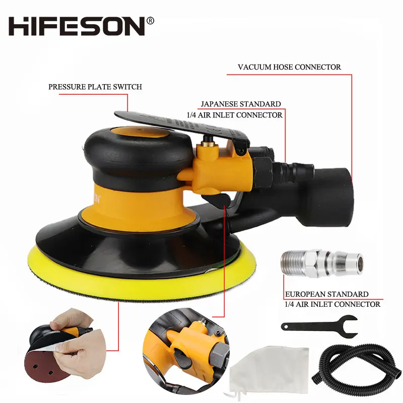 Amoladora de aire de lijadora orbital neumática HIFESON, herramientas neumáticas de pulido/rectificado excéntrico al vacío de 125mm/150mm