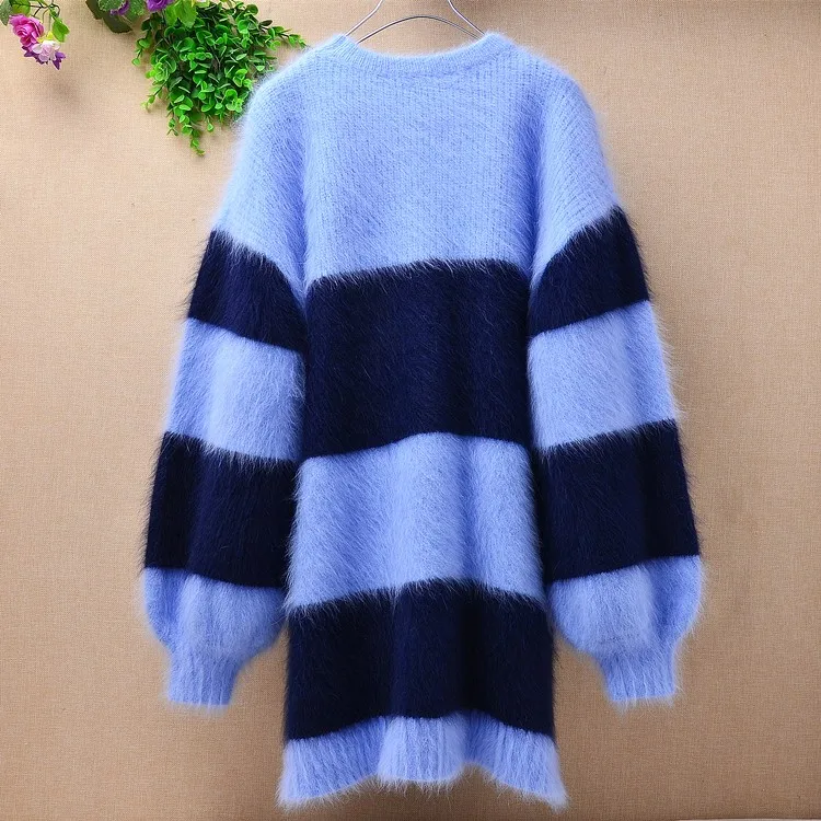 

female women autumn winter clothing hairy plush mink cashmere knitted striped o-neck loose lazy oaf pullover jumper sweater top