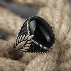 2024 Vintage Black Agate Stone Finger Rings For Men Accessories Fashion Handmade Carved Pattern Men Rings Wedding Jewelry Gift