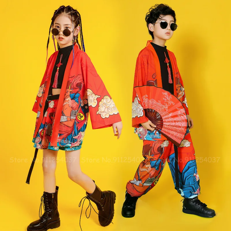 

Children Hip Hop Jazz Dance Suit Fashion Boys Girls Chinese Style Hanfu Set Kimono Robes Kids Catwalk Stage Performance Costumes