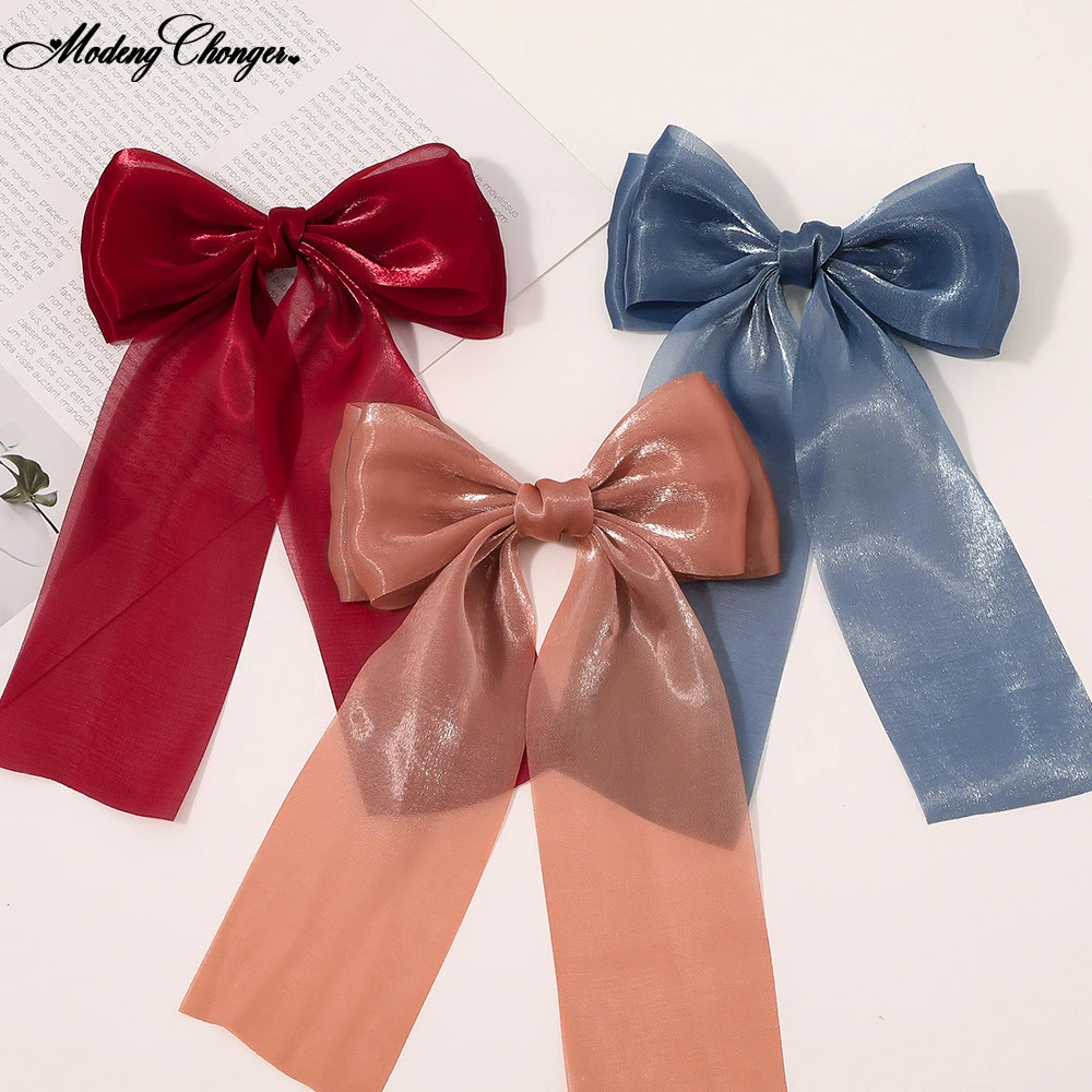 Vintage Bright Silk Chiffon Bow Ribbon Hair Clip Korean Headwear Spring Ponytail Clip Simple Hairpins Woman Head Flower Gift