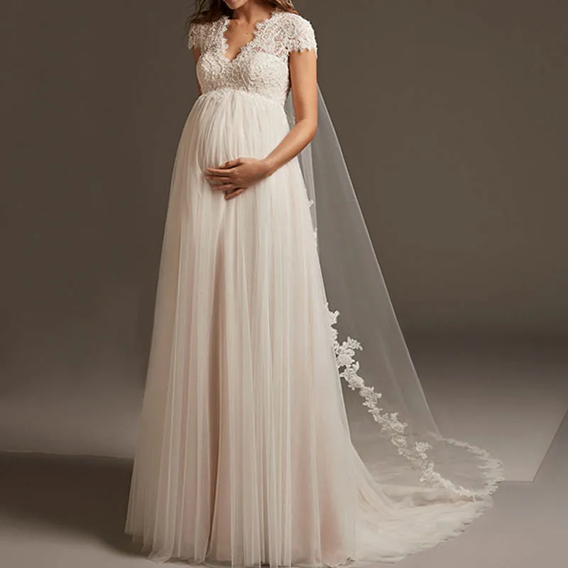 Bohemian Tulle Lace Pregnant Wedding Dress 2025 Cap Sleeve Open Back Maternity Bridal Gown Customized Robe De Mariee