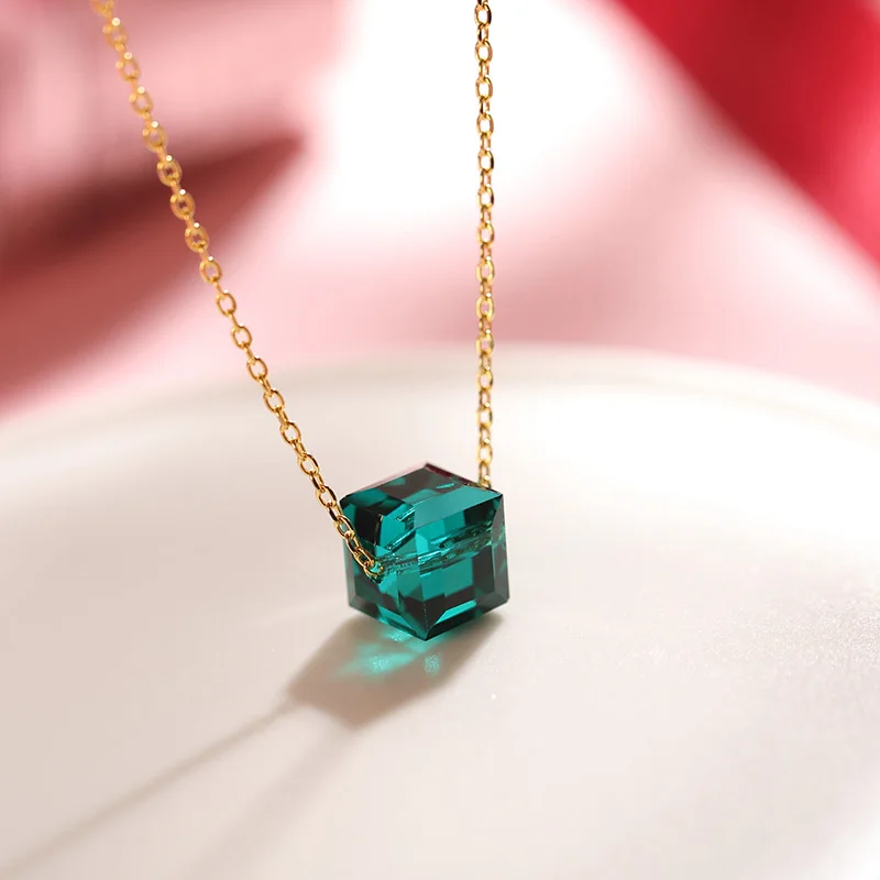Premium Crystals From Austria Green Cube Beads Necklaces Pendant Gold Color Chain Jewelry For Women Chic Birthday Jewelry