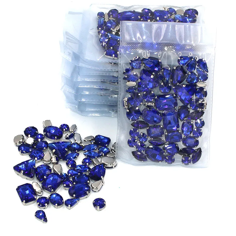 New Clothing accessories Wholesale 5 bags mixed shape glass crystal sliver base Royal blue rhinestones  diy wedding dress