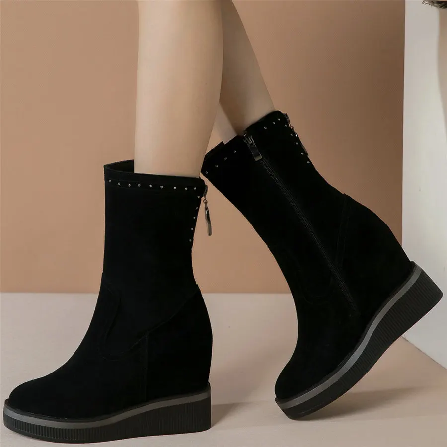 Winter Shoes Women Genuine Leather Wedges High Heel Pumps Shoes Female High Top Round Toe Platform Fashion Sneakers Casual Shoes