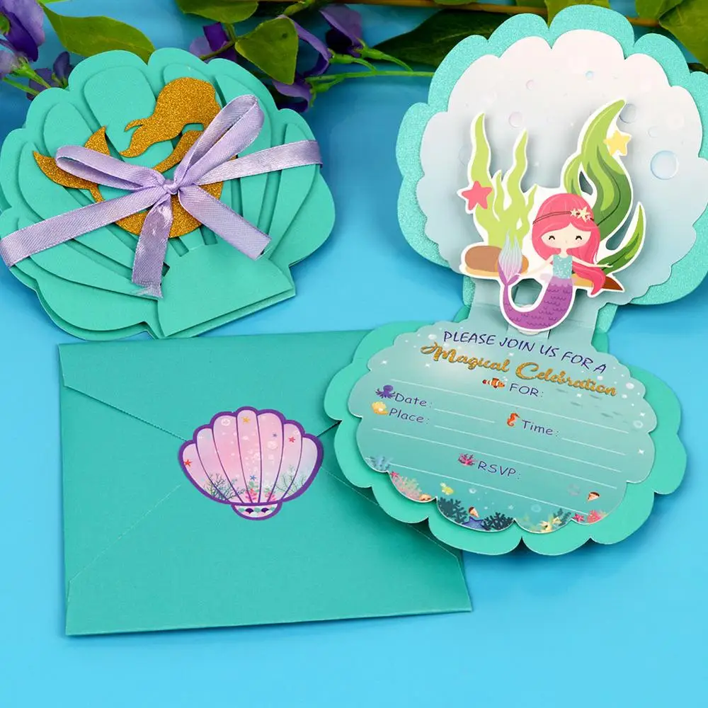 OurWarm 6pcs Mermaid Invitations Birthday Party Baby Shower Supplies New Gift Cards Mermaid Theme Wedding Decoration