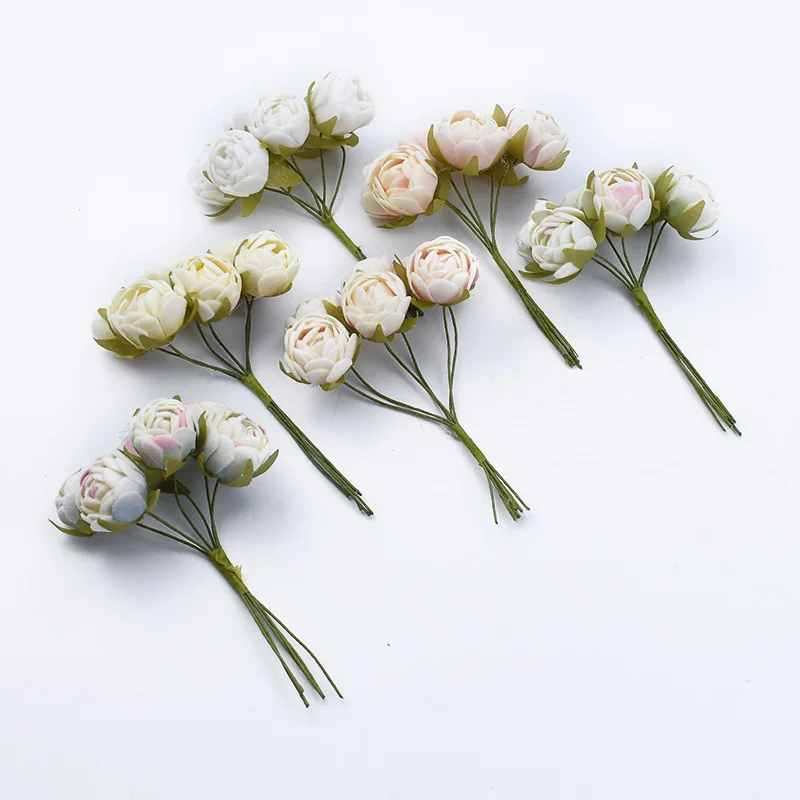 6pcs MINI Tea Roses Bouquet Diy Gifts Candy Box Home Decoration Accessories Wedding Decorative Wreaths Artificial Flowers Cheap