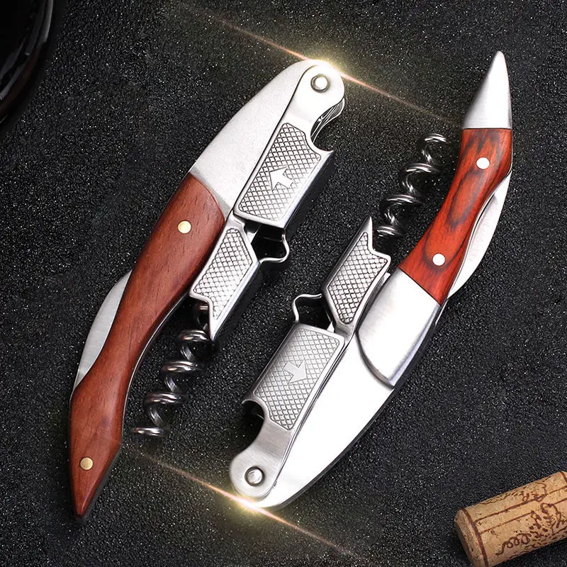 Fashion Rosewood Handle Red Wine Bottle Opener Stainless Steel Corkscrew With Foil Cutter Portable Wine Accessories Kitchen Tool