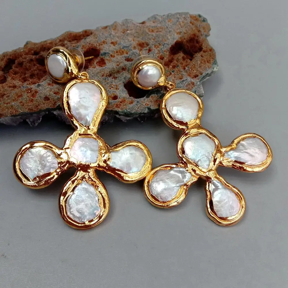 YYGEM Gold Plated Cross Shape Natural Freshwater Cultured White Coin Pearl Crucifix Drop Stud Earrings Fashion Jewelry For Gift
