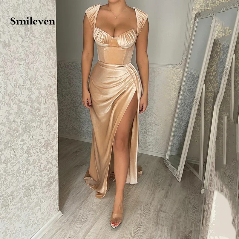 

Smileven Champagne Velvet Mermaid Evening Dress Cap Sleeve Sweetheart Party Dresses Robe De Soirée Pleats Side Split Prom Gowns