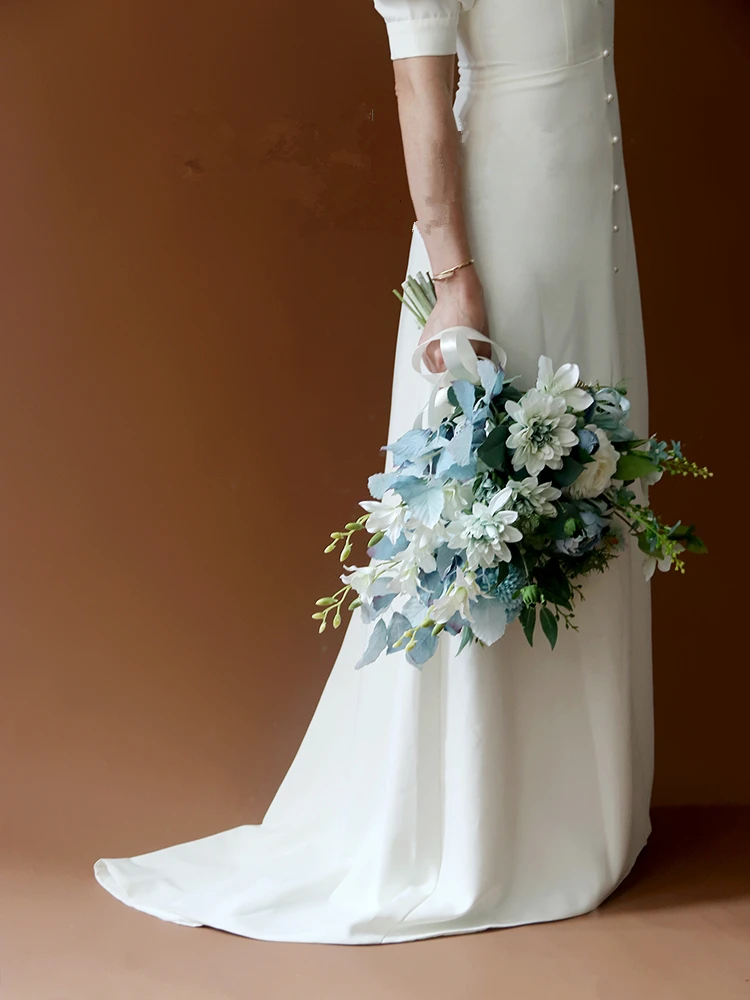 Janevini Romantische Kunstmatige Bloemen Blauw Wit Bruidsboeket Handgemaakte Zijden Rozen Hortensia Elegante Koreaanse Bruids Nep Boeket