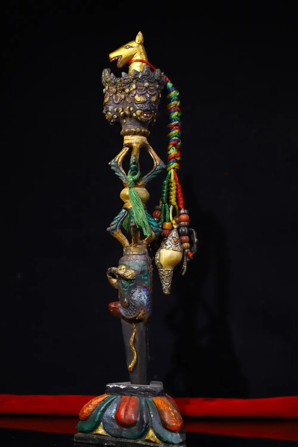 19"Tibetan Temple Collection Old Bronze Painted Hayagriva Dorje Vajra Phurba Amulet Dharma Town House Exorcism Bodhi root base view 2