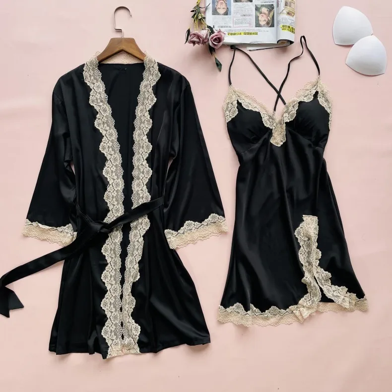 Women Summer Sling Nightgown Bathrobe Robe Sets Sexy Lace Floral Trim Split Bride Dressing Bath Gown M-XL Casual Home Clothes