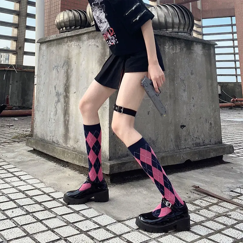 Autumn Winter Women Calf Socks JK INS Tide Cotton Stockings British Style Plaid Female High Knee Sock Polyester Long Calcetines