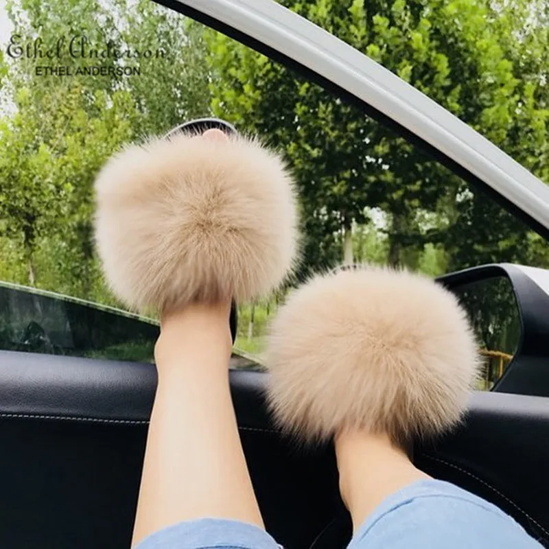 ETHEL ANERSON Women's Flip Flops Raccoon Furry Fur House Slippers with Real Fluffy Fur Slides For Woman Designer Style White