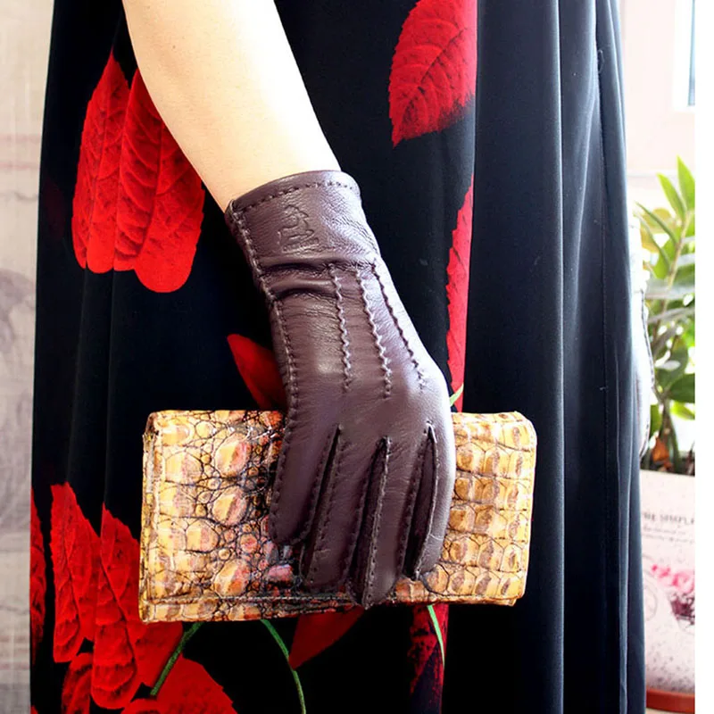 Guantes de cuero genuino para mujer, forro de lana de piel de ciervo, finos, cálidos para otoño, para conducir en motocicleta al aire libre, guantes