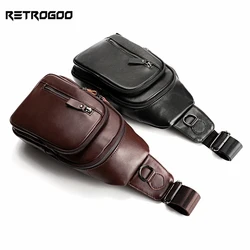 RETROGOO Men's Genuine Leather Chest Bag Casual Shoulder Messenger Bag Men Sling Bags Travel Day Pack Fashion Crossbody Bag Pack