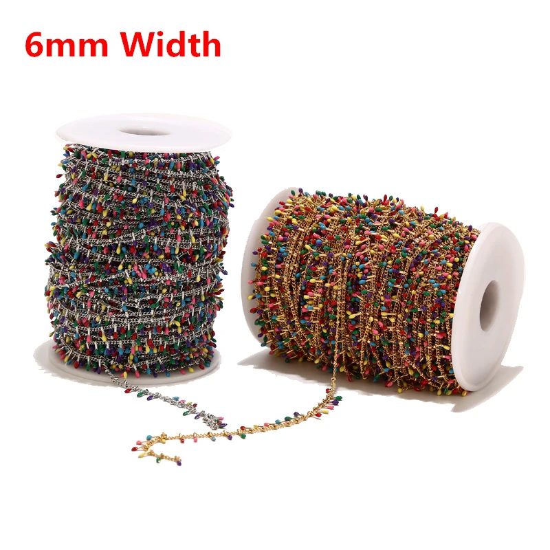 

6mm Width Bohemian Curb Cuban Chain With Colorful Clips Enamel Dripping Stainless Steel Link Chains For DIY jewelry Craft Making