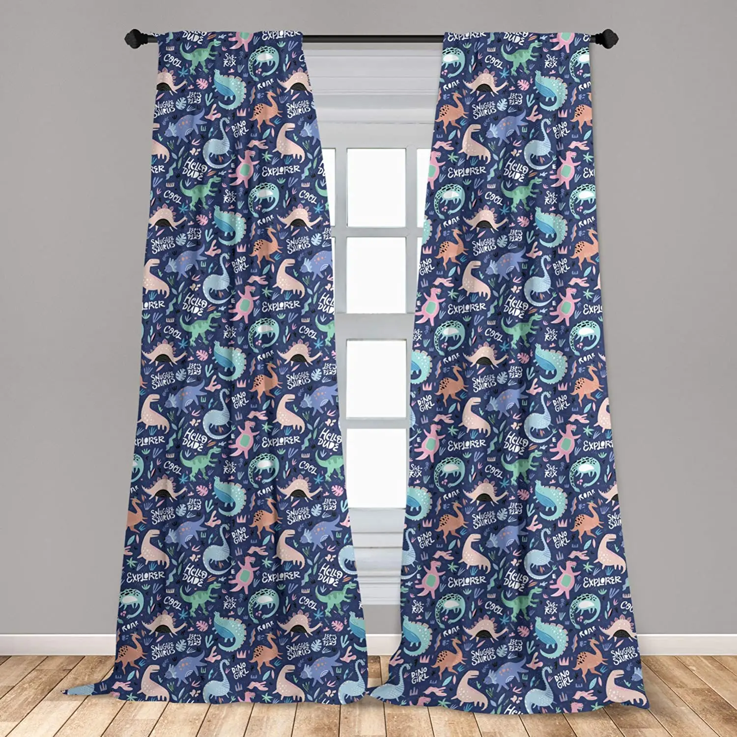 Indigo Multicolor Dinosaur Window Curtains Nursery Cartoonish Abstract Extinct Animals She-rex Lightweight Decorative