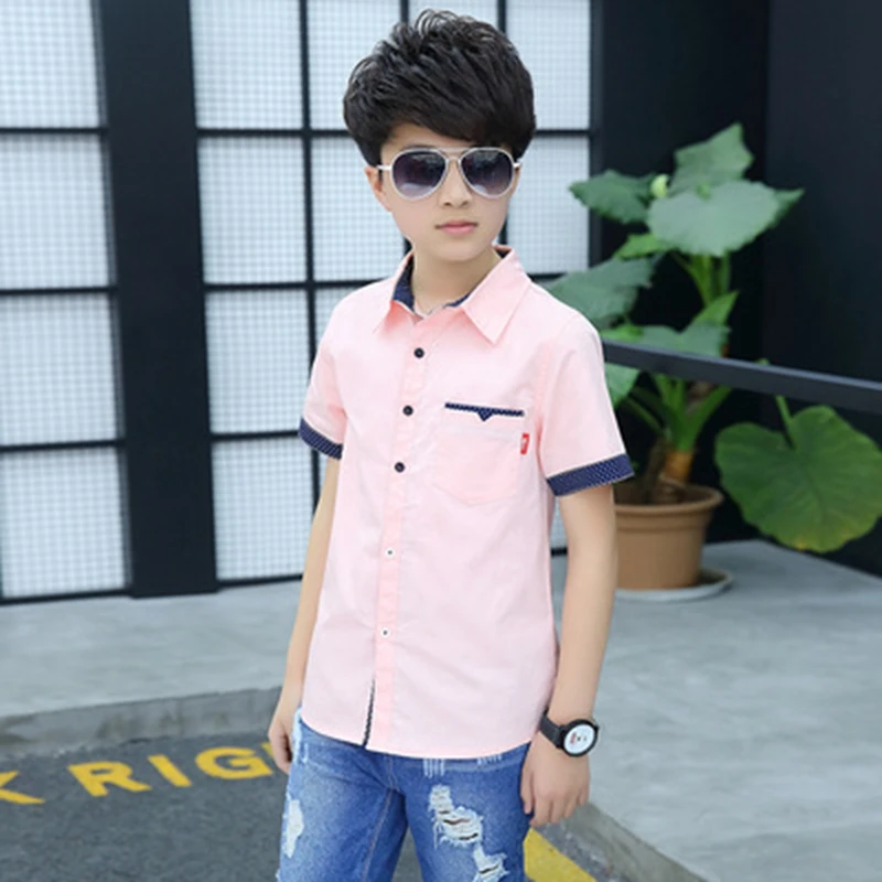 School Boys Shirts Short Sleeve Blouses For Boys Children Clothing Cotton Turn-Down Collar Kids Tops 5 7 9 11 13 15 Years Old