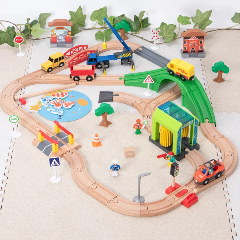 Wooden Track Train Set Car Wash Room Wooden Railway Car Educational Puzzle Toys Compatible Brand Wooden Track Toys for Boy Gifts