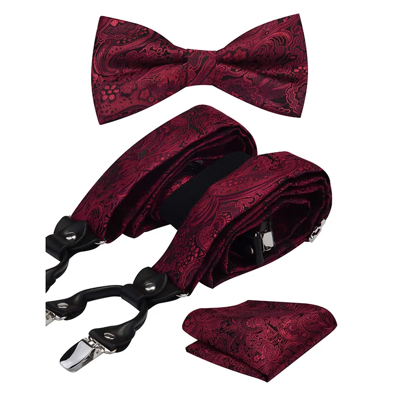 Floral Silk Mens Pre-Tied 6clips Y-Shaped Suspenders Pocket Square Adjustable Bow Tie 3PCS Set Suit Man Wedding Party Gift Box