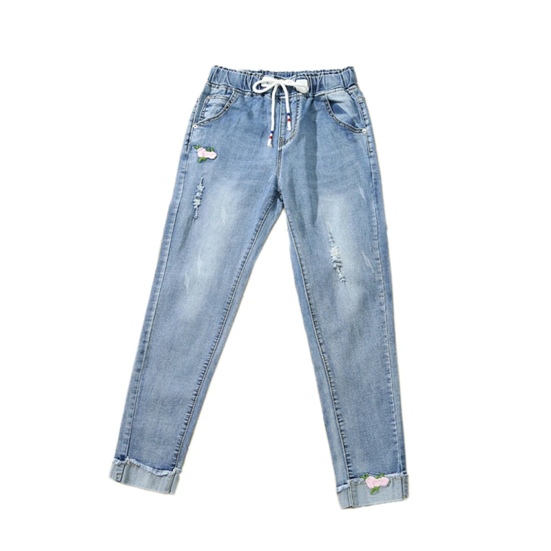 Vrouwen Lente Zomer Elastische Taille Borduurwerk Jeans Vrouwelijke Enkellange Denim Broek Kantoor Dame Baggy Losse Casual Broek