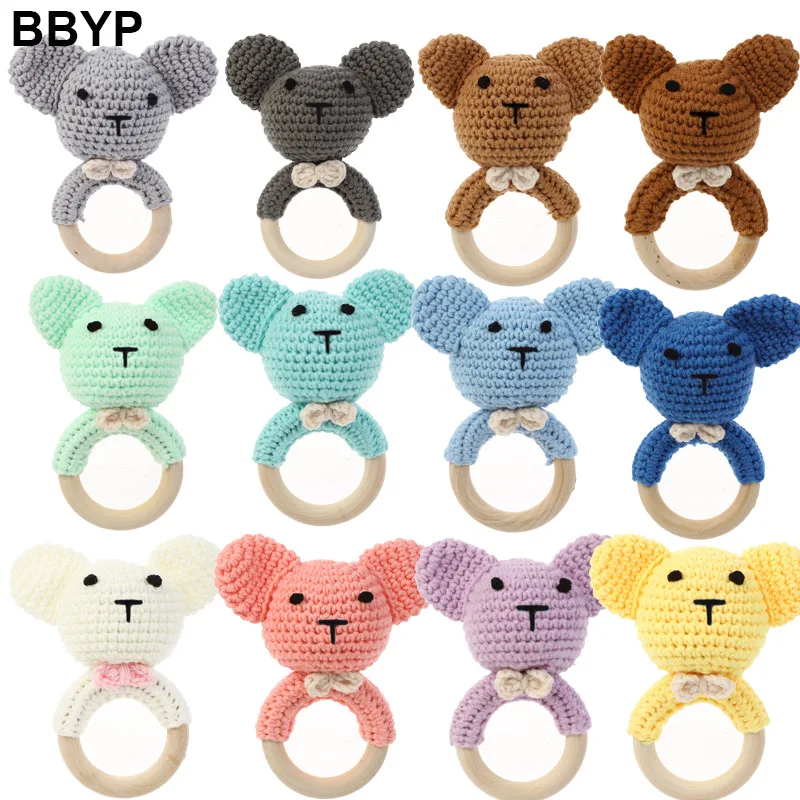 

1Pcs Baby Teether Rattle Toys Bear Crochet Wooden Teething Ring Baby Teether Cot Hanging Toy Baby Products DIY Crafts