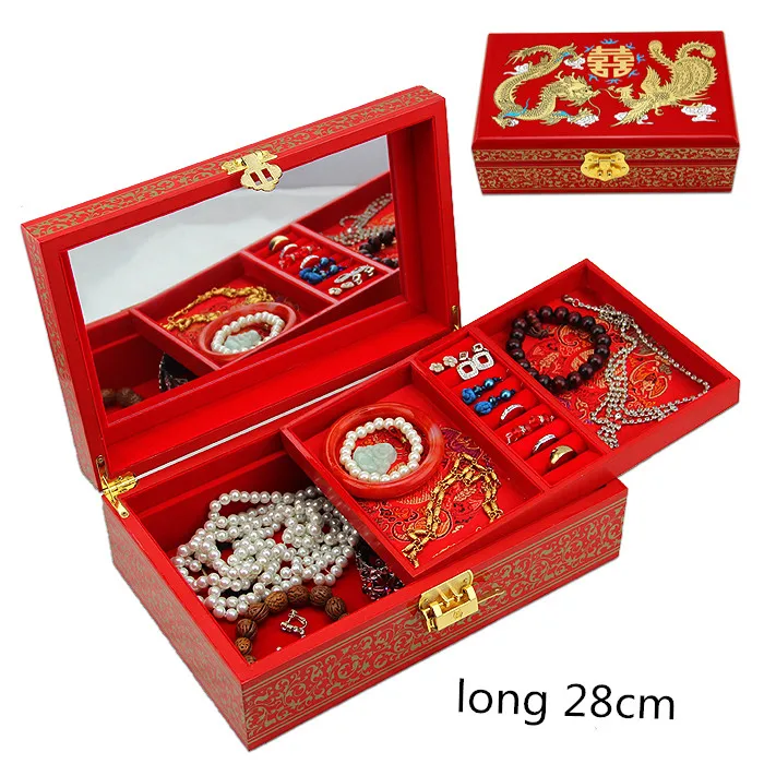 2 layer Lacquerware Chinese Wooden Box with lock Large Vintage Decoration Storage Pull Box for Jewelry Makeup Case Wedding Gift