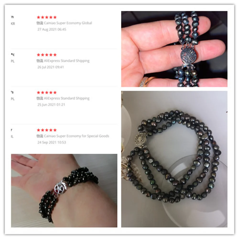 7-8mm Black Baroque 3 Rows Natural Freshwater Pearl Bracelets Jewelry Bangle for Women and Men