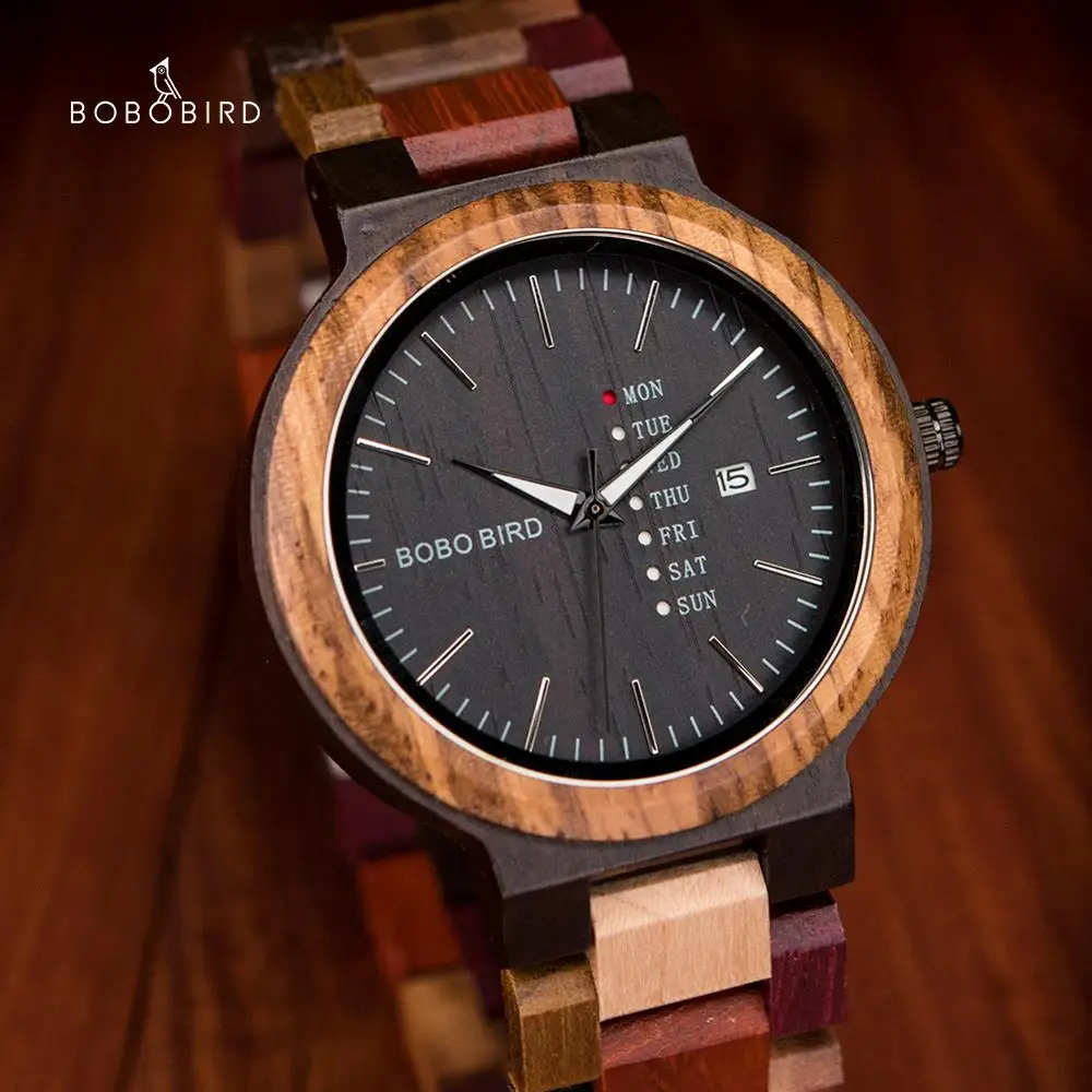 

BOBO BIRD Male Wooden Multifunction Wrist Watch Auto Date Week Display Fashion Color Band relogios masculinos Timepiece for Men