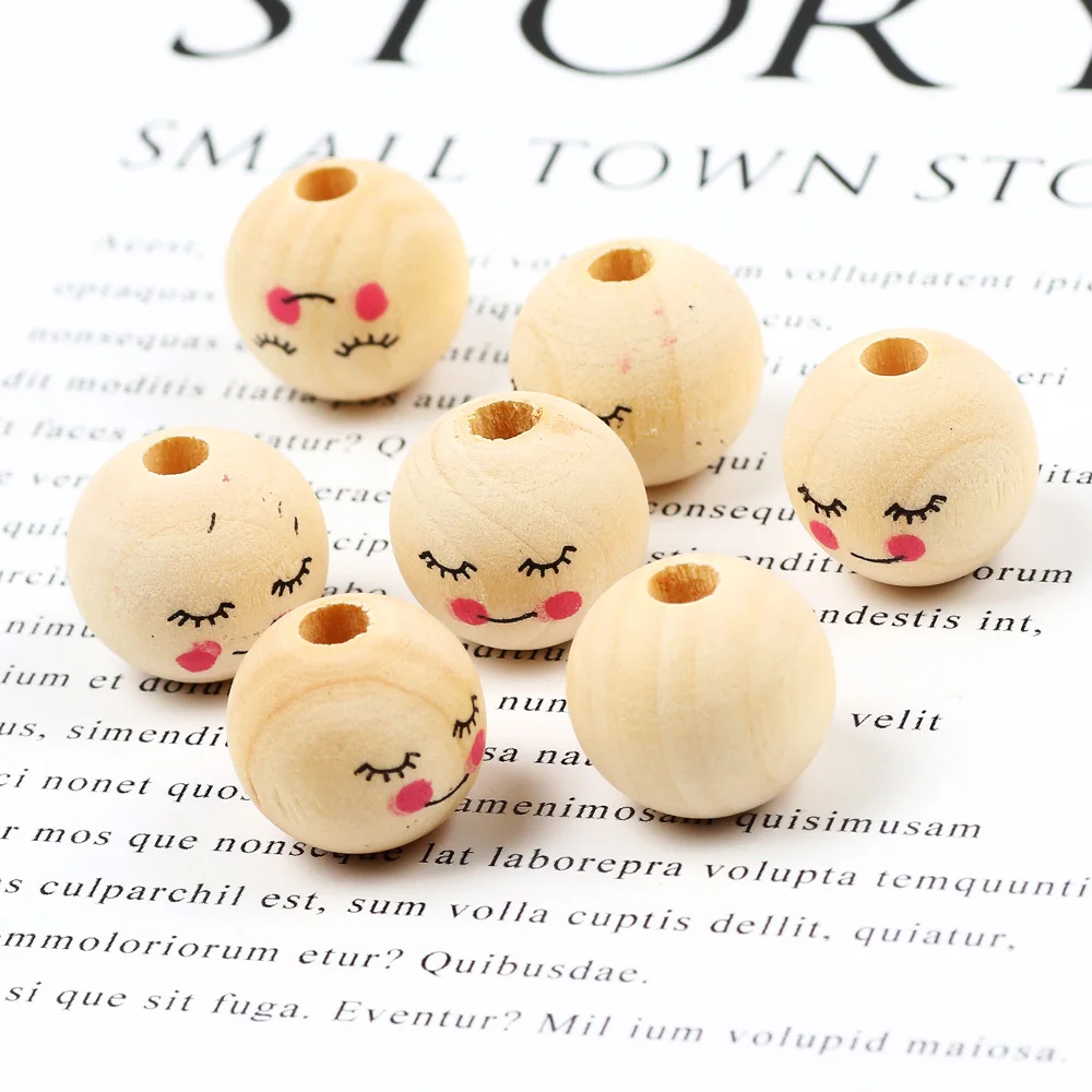 20pcs 16mm Natural Wood Beads Round Spacer Wooden Balls Smile Loose Beads For Jewelry Making Bracelet Necklace Diy Accessories