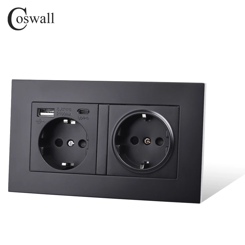 COSWALL EU Spain Russia Wall Socket Grounded USB Type A & Type-C Charge Port 2A Output Max. PC Panel Matte Black E20 Series