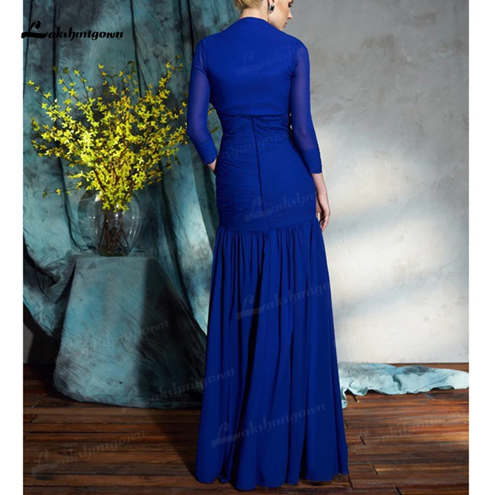 Elegant Blue Chiffon Vrouwen Trouwjurken Schede Applicaties Kralen Ruches Vestido De Madrinha Moeder Jurken Met Jacket