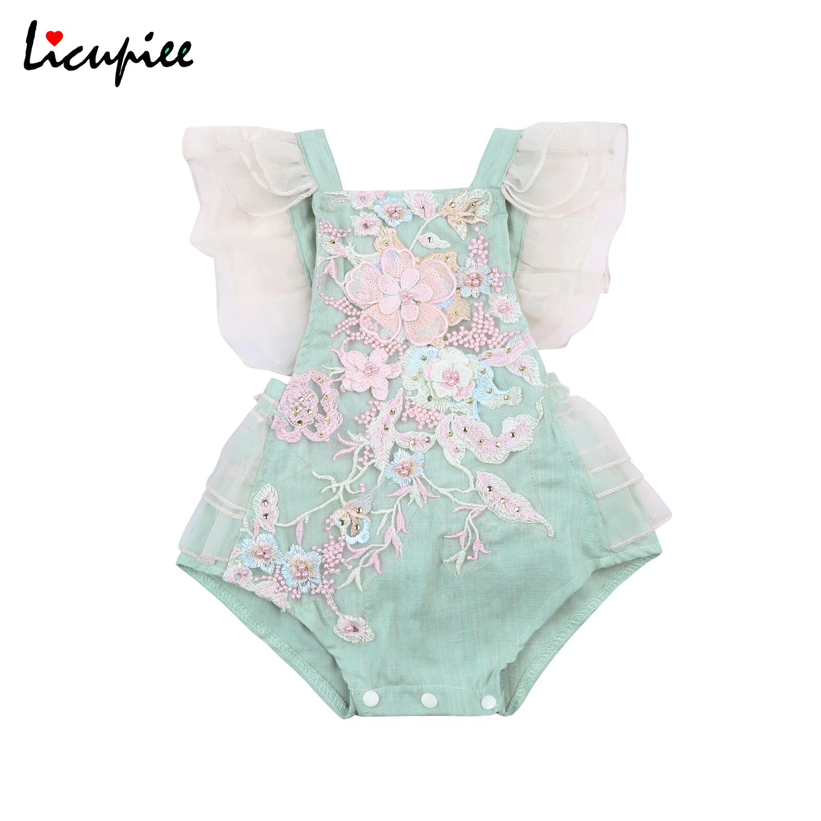 

0-24 Months Fly Sleeve Baby Girls Casual Romper, Light Blue Sleeveless Square Collar Floral Embroidery Pattern One-piece