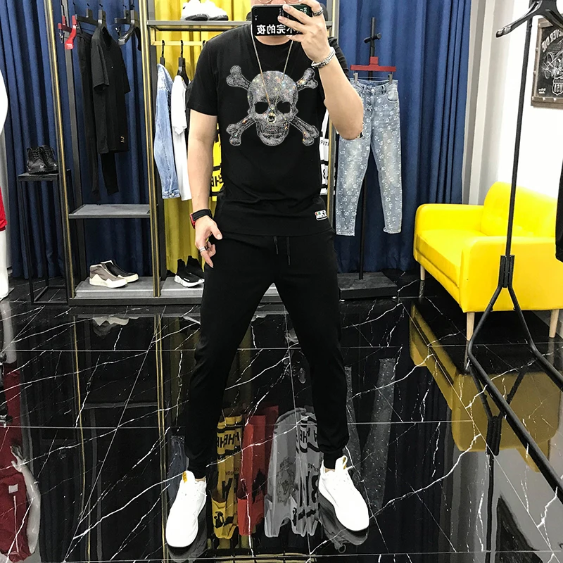 Trendy Summer Shiny Craft Hot Diamond Skull Tops Breathable T-Shirt/Comfortable Sweatshirt+Pants Couple Outdoor Tracksuit