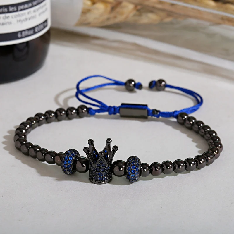 Luxury Blue Crown CZ Zircon Pave Weaving Bracelet Homme Pulsera Hombre Men Women Copper Beads Bracelet